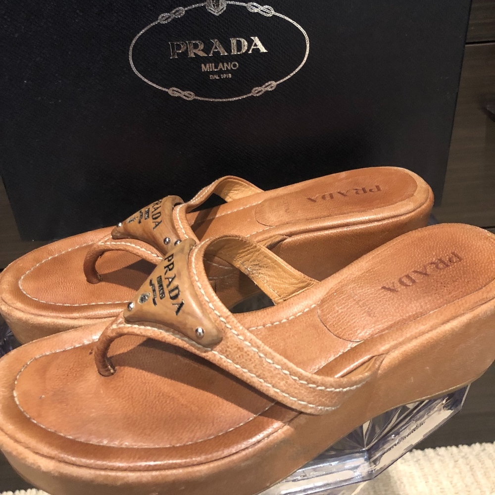 PRADA Tan Leather Platform Thong WedgeSlipOnSandal